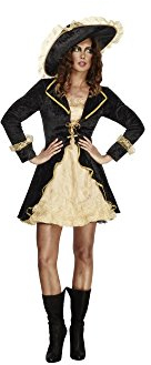 Smiffys Fever Kollektion, Säbelrassler Damenkostüm, Schwarz, mit Kleid, Unterrock und Hut