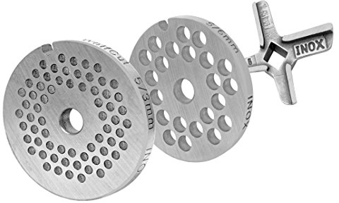 Lochscheibensatz 3mm + 6mm und 1 Kreuzmesser Eversharp - Kompatibel/Ersatz mit alle gängigen Fleischwölfe Größe 5 – z.B.: Bosch MUM4/MUM5 - Alexanderwerk Größe 5 – Jupiter Größe 5 und viele mehr.