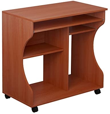 HOMCOM Computer Desk with Sliding Keyboard Tray, Mobile Home Office Desk, Study Table with Storage Shelves, PC Desk on Wheels, Cherry Wood Colour