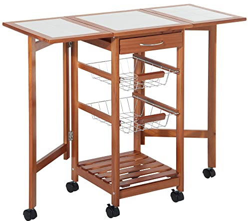 HOMCOM Küchenwagen, Servierwagen mit klappbarer Tischplatte, Rollwagen, Küchentrolley Küchenrollwagen mit Schubladen und Drahtkörben, Kiefernholz, Natur, 91 x 37 x 75 cm