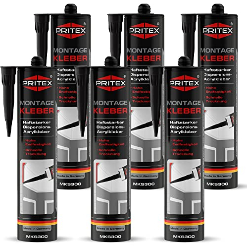 PRITEX – Profi Montagekleber Weiß 6x 300 ml – Baukleber für Holz-Paneele, Kabelkanäle, Sockelleisten, Styropor, Fliesen, Beton uvm. – haftstarker Universalkleber auf Acrylatdispersion-Basis für innen