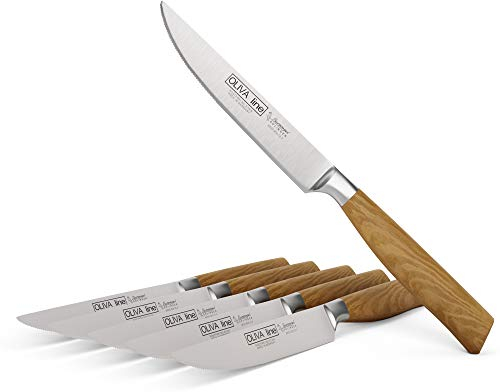 Burgvogel Solingen Steakmesserset 6er geschmiedete Olivenholz, Oliva Line, Sägenschliff, rostfrei, hell, scharf, braun beige, 600.926.00.3