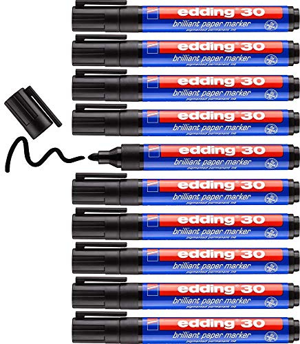 edding 30 brilliant paper marker - black - 10 waterproof permanent markers - round nib 1.5-3 mm - vibrant colours - lightfast marking on paper, card, cardboard, plastic, metal and glass