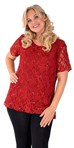 Womens New Floral Lace Sequin Ladies Scoop Neck Short Sleeve T-Shirt Party Top Plus Size Burgundy Size 20-22