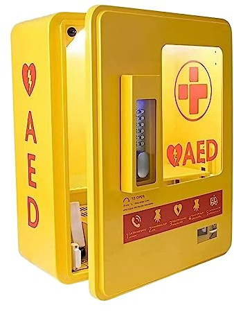 Reliance Medical - AED Alarmed Outdoor Heated Metal Cabinet Compatible with All AED's, Digital Temperature Display, Wall Mountable (Yellow, External Dimensions: 50cmH x 40cmW x 22cmD)