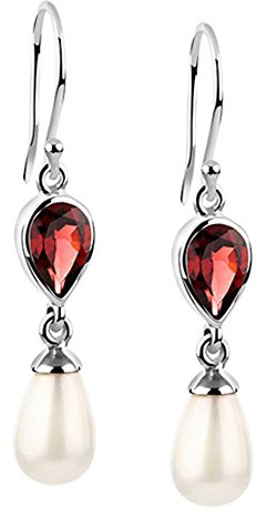 Nenalina Ohrringe Silber 925 Damen Ohrhänger mit Muschelkernperle 12 mm und | Granat Tropfen in rot 9 mm