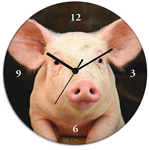 ARTLAND Wanddeko Wanduhr ohne Tickgeräusche Glas Quarzuhr Ø 30 cm Rund Lautlos Tiere Schwein Lustig Hipster Ausgefallen Originell T5XG