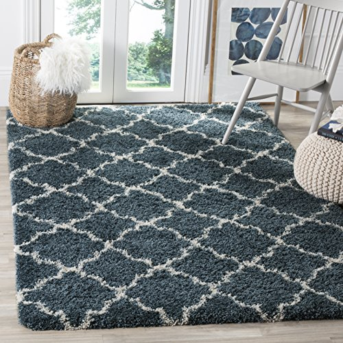 SAFAVIEH Zottelig Teppich für Wohnzimmer, Esszimmer, Schlafzimmer - Hudson Shag Collection, Hoher Flor, Schieferblau und Elfenbein, 155 X 229 cm