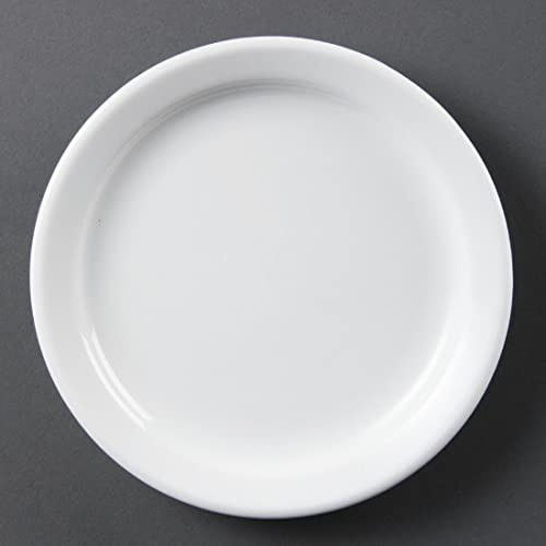 Olympia White Ware Narrow Rimmed Service Plates Porcelain 180mm, White 12pc | Fully vitrified for heat and shock resistance with strengthened rolled edges to protect against chips.
