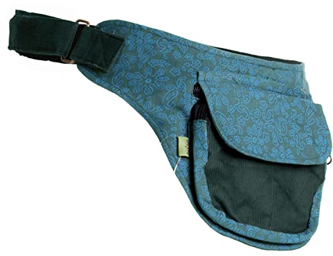 Vishes- Alternative Bekleidung - Bauchtasche aus Cord Baumwolle - Blumen Bedruckt türkis