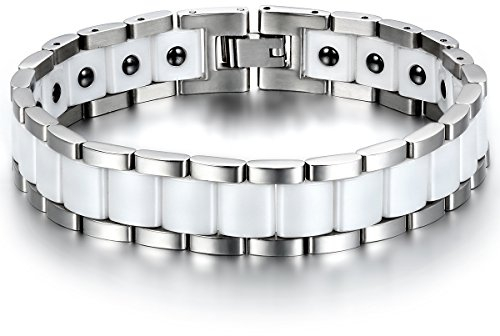 JewelryWe Schmuck Herren Magnet Armband, Edelstahl Keramik, Fashion I Rechteck Link Magnetarmband Armreif, Silber Weiß