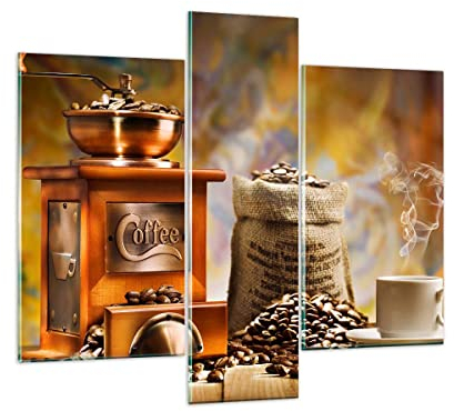 ARTTOR Mehrteilige Bilder auf Glas Kaffee Körner Mühle Tasse Glasbild 95x80cm Wandbilder Dekoration Wohnzimmer Schlafzimmer Küche Set 3 teilige Groß Wanddeko Wand Kunstdruck Art Modern GCB95x80-2592