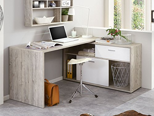 möbelando Eckschreibtisch Schreibtisch Computertisch Arbeitstisch Laptoptisch Tisch Felic II (Sandeiche/Hochglanz-weiß)