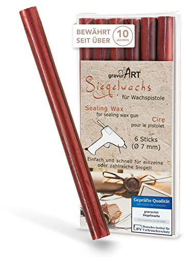 gravurART Siegelwachs flexibel für Wachspistole - Stilvoll Briefe versiegeln mit dem 6er Pack Wachs für Siegelstempel in Rot-metallic - 7 mm