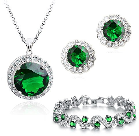 Crystalline Azuria Grüner simulierter Smaragd Zirkonia Kristalle Schmuck-Set Halskette Anhänger 45 cm Ohrringe Armband 18 kt Weiß Vergoldet