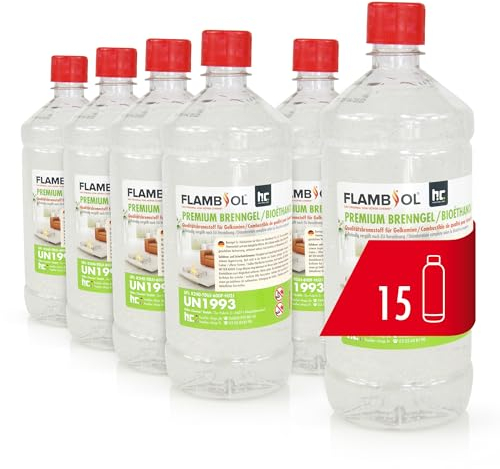 FLAMBIOL® Bioéthanol Premium en Gel (15 x 1 L) – Combustible Longue Durée, Idéal pour Cheminées d'Intérieur et d'Extérieur – Formule Améliorée et Écologique, Fabriqué en Allemagne