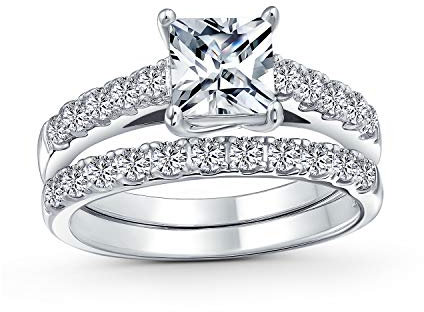 1CT Brillant Zirkonia Quadrat Prinzessin Schnitt Solitär Kathedrale Fassung Dünne Ewigkeit Pave Band AAA CZ Jubiläum Verlobung Ehering Set .925 Sterling Silber