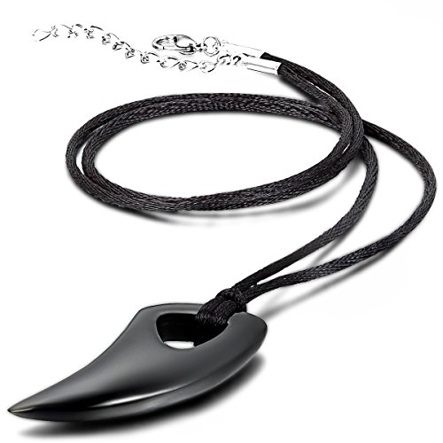 JewelryWe Schmuck Herren Halskette, Edelstahl Wolfszahn Wolf Gebiss Zahn Anhänger mit verstellbare Kette, Schwarz