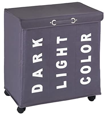 WENKO Wäschesammler Trivo Grau, Stabiler Wäschekorb mit Vier leichtgängigen Rollen und Deckel, 116 l Stauraum und DREI Fächer, (B x H x T): 56 x 60 x 35 cm, Aufschriften Dark, Light, Color