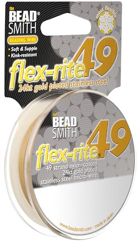 The Beadsmith Flex-Rite Beading Wire, Nylon-Coated Stainless-Steel Wire | 49-Strand 0.018 (0.45 mm) Dia, 24k Gold-Plated, 10 ft Spool, Durable Necklace & Bracelet String, For Jewelry Making Supplies