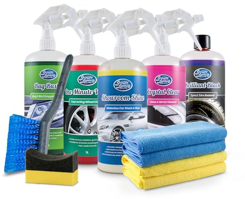 Greased Lightning Ultimate Car Cleaning Pack 5 x 1L + Brush & Cloths | Complete valet kit – Showroom Shine, Brilliant Black, Bug Buster, Crystal Clear & Wheel Cleaner. Plus brush & cloths