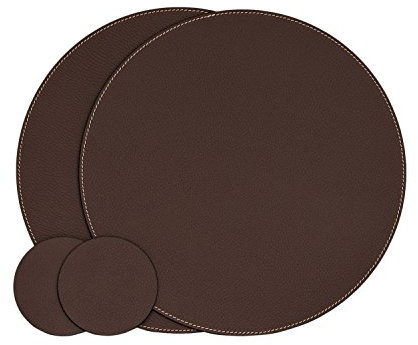 Nikalaz Rund Platzsets und Untersetzer aus Recyceltem Leder, 2 Stück Tischsets, Platzdeckchen 33 cm und Untersetzer 10cm (BRAUN)