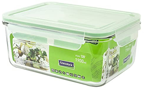 GLASSLOCK 1900ml luftdichte rechteckige Frischhaltedose aus gehärtetem Glas mit Clip-Deckel, geeignet für Mikrowelle Spülmaschine Tiefkühler BPA frei Lebensmittelbehälter Vorratsdose Meal Prep