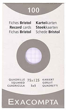 Exacompta - Réf. 13201E - Étui de 100 fiches bristol quadrillées 5x5 non perforées - format 75 x 125 mm - compatibles avec imprimante jet d'encre, laser et photocopieur - couleur blanc