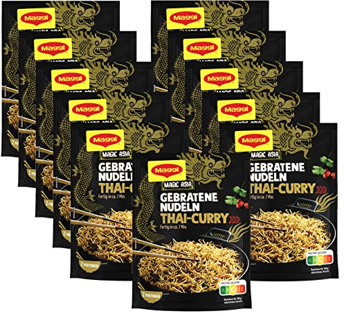 MAGGI Magic Asia Gebratene Nudeln Thai Curry, 11er Pack (11 x 130g) | Leckeres Fertiggericht mit Instant Nudeln fix in der Pfanne zubereitet