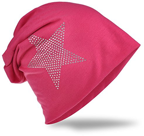 Miobo Jersey Slouch Beanie Long Mütze Stern mit Strass Stern Applikation,Pink