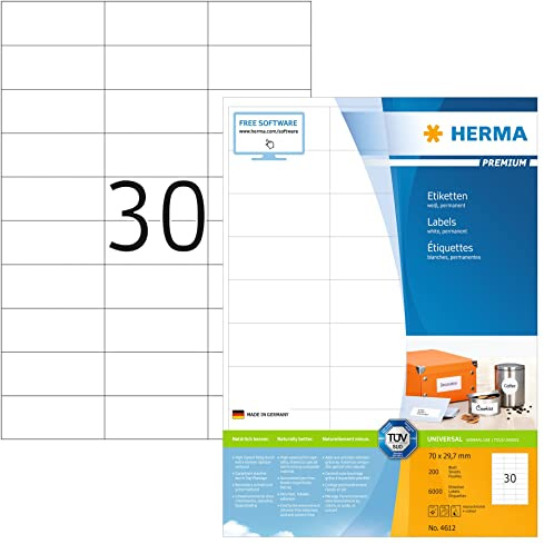 HERMA Self Adhesive Multipurpose Labels, 30 Labels per A4 Sheet, 200 Sheets, 70 x 29.7 mm, 6000 Labels, Blank Universal Labels Stickers, Sticky Labels for Laser & Inkjet Printer, White