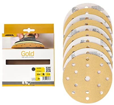 Mirka Gold Universal-Schleifpapier Ø 150mm Schleifscheiben Klett 15-Loch, Korn P120, 10 Stk/Zum Schleifen von Gips, Spachtel, Spanplatten, Holz, Lack