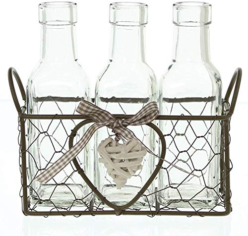 Dekoleidenschaft Drahtkorb Romance mit 3 Glasflaschen als Blumenvase, Tischdeko, Tischvase, Vasenkörbchen