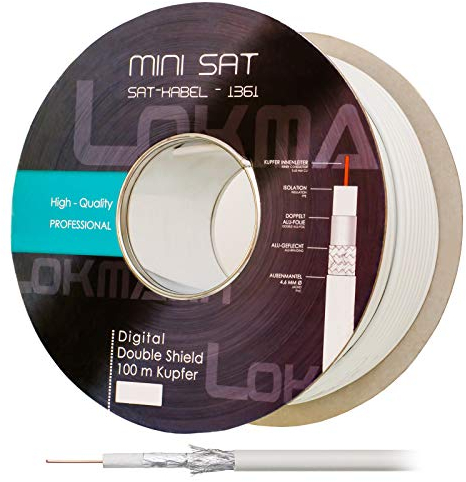 HB Digital 100m Koaxial SAT Kabel Reines KU Kupfer Weiß extra dünn 4,6mm Ø Koax Kabel Antennenkabel 100dB 2-Fach geschirmt für DVB-S / S2 DVB-C und DVB-T BK Anlagen