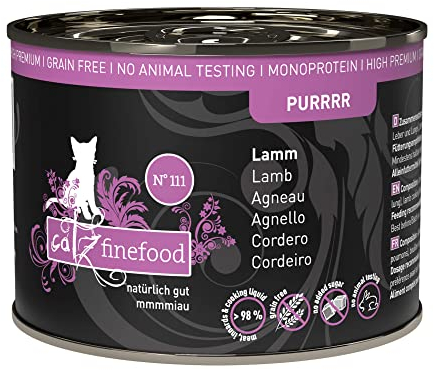 catz finefood Purrrr Lamm Monoprotein Katzenfutter nass N° 111, für ernährungssensible Katzen, 70% Fleischanteil, 6 x 200 g Dose