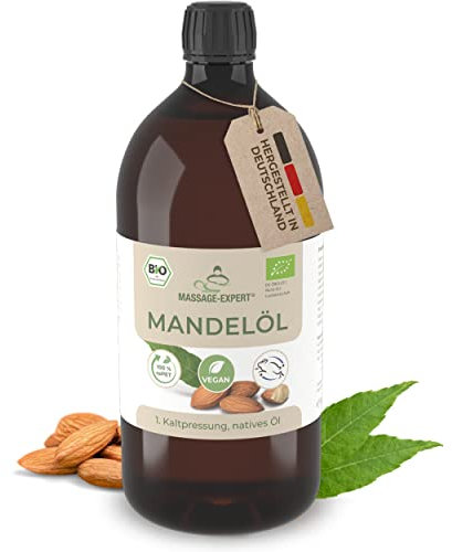 MASSAGE-EXPERT Mandelöl Bio kaltgepresst - Basisöl für Massage, Babymassage, Hautpflege und Haarpflege [1 Liter Flasche mit Spritzeinsatz]