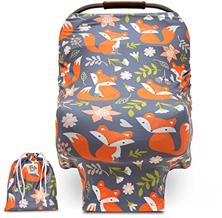 Baby Car Seat Canopy and Nursing Cover Up for Breastfeeding Moms | Multi-use 5-in-1, Breathable, Soft, Stretchy, Washable, Universal Fit | Cute Unisex Woodland Fox Pattern
