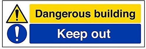 VSafety, 67143AX R, cartello di pericolo che indica un edificio pericoloso, in plastica rigida spessa 1 mm, a orientamento orizzontale, 300 mm x 100 mm, nero/blu/giallo