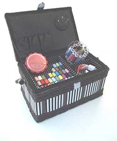 Nähkästchen inklusive Nähset, Nähkorb mit Inhalt, Handarbeitskorb, schwarz-weiß