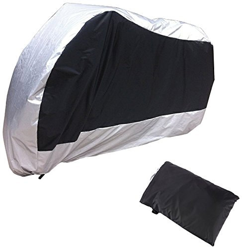 AKORD Motorcycle Waterproof UV Protective Cover with Storage Bag, Black/Silver, Size XL