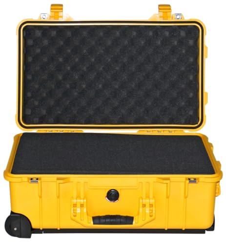 PELI 1510 Robuster Industriekoffer mit Teleskopgriff und Kugelgelagerten Laufrollen, IP67 Wasserdicht, 27L Volumen, Mit Schaumeinlage (anpassbar), Gelb
