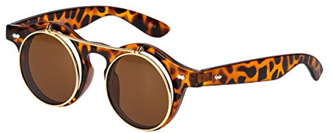 Ultra Leopard-Druck Flip Up Ronde Steampunk Sonnenbrille Retro Frau Mann UV400 UVA Vintage Victorian Kreis Retro Sonnenbrille Steampunk Brille Sonnenbrille zum Hochklappen
