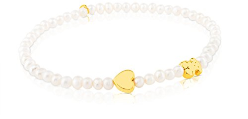 TOUS Pulsera Elástica de Oro de 18k para Mujer con Motivo de Oso 0.6 cm y Perlas Cultivadas, Clásica y Dulce, Colección Sweet Dolls