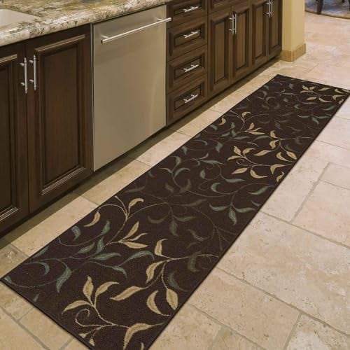 Ottomanson Passatoia dal design contemporaneo con motivo foglie, collezione Ottohome, fondo in gomma, 57 cm x 210 cm, colore: Marrone