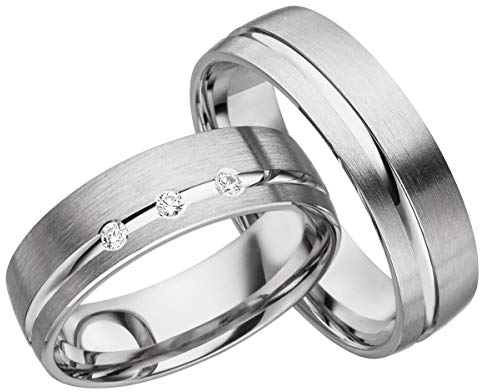 JC Trauringe 925er Sterling Silber Paar-Preis I Ehe-Ringe mit kostenloser Gravur I Verlobungsringe 6 mm breit inkl. Etui-Box I Herren-Ring ohne & Damen-Ring mit Zirkonia-Steinen I Gr. 48 bis 72 I S037