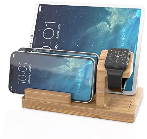 Cadorabo Docking Station - Ladestation aus Echtholz Bambus - Power Station Plattform mit integrierter USB Multischnittstelle für alle Smartphones und Smartwatches