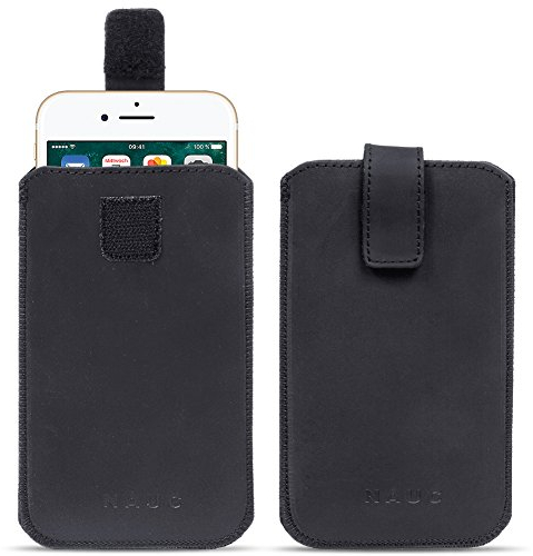NAUC Universal Smartphone Leder Tasche Pull Tab Sleeve Hülle Schutzhülle Case Cover, Farben:Schwarz, Größe:Für 5.2-5.8 Zoll