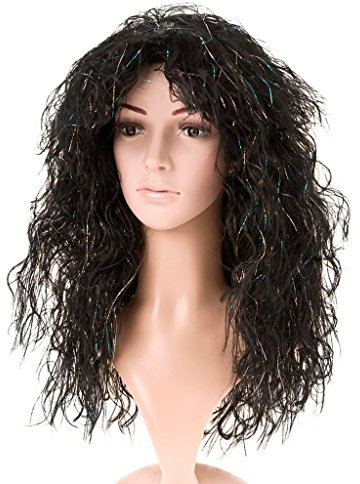 Perücke: »Crazy Witch«, lange dunkle Locken mit Glitterfäden