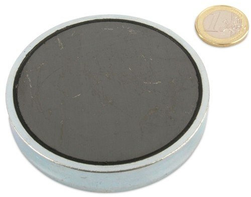 magnets4you Ferrit Flachgreifer Ø 80,0 x 18,0 mm, Zink - hält 60 kg, verzinkter Stahltopf, verwendbar bis 200°C, Magnet Gewindebuchse