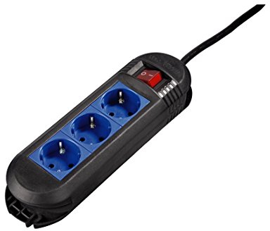 Hama Steckdosenleiste 3-Fach mit Schalter (Mehrfachsteckdose zur Wandmontage, mit erhöhtem Berührungsschutz, 1,5m Kabel, Schutzkontakt, Steckdosen um 45 Grad gedreht) schwarz-blau